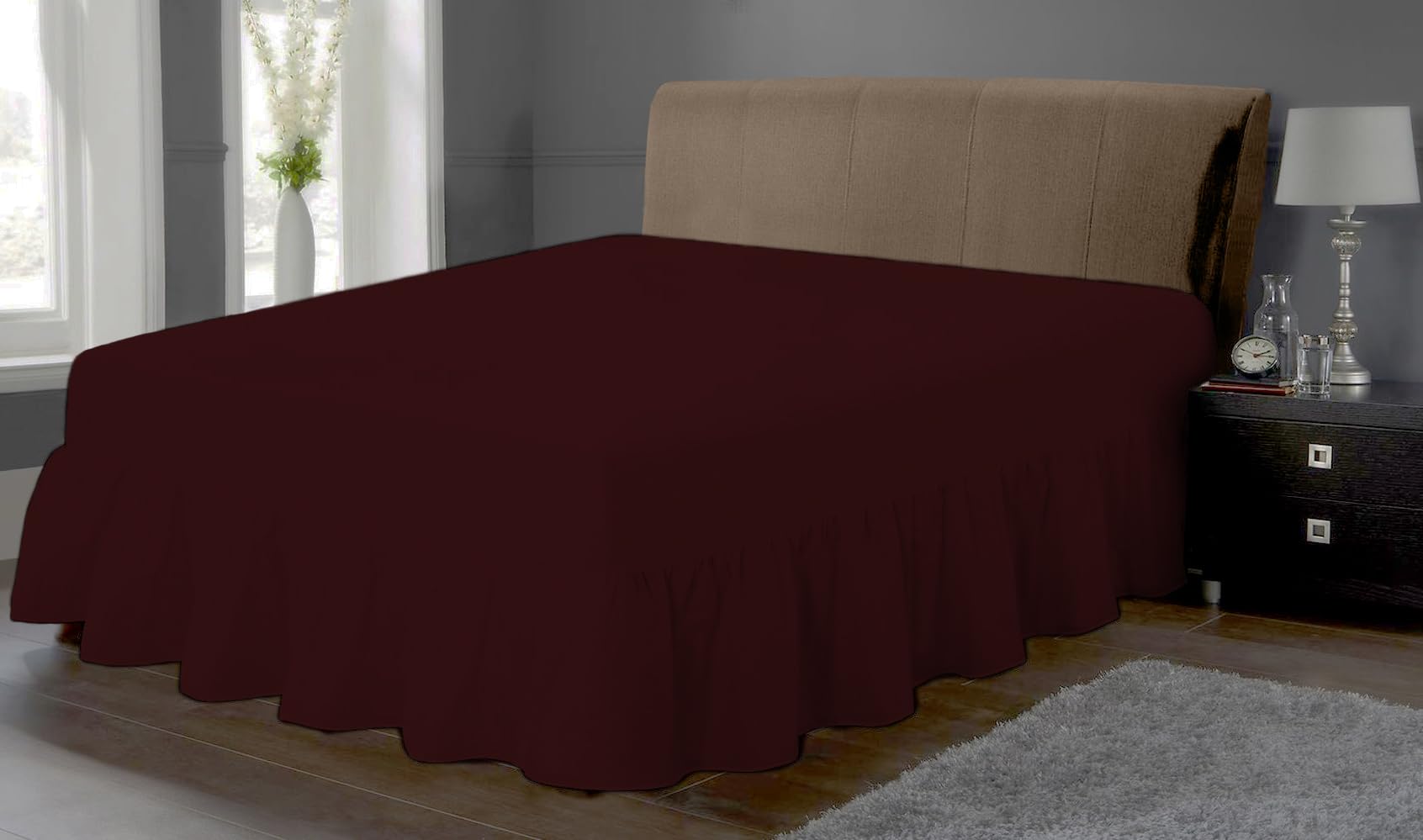 Laam linen Luxury Plain Dyed 100% Polycotton Frilled Valance Fitted Sheet Extra Deep Easy Care Frilled Valance Sheet Bedding Set (Burgundy, King)