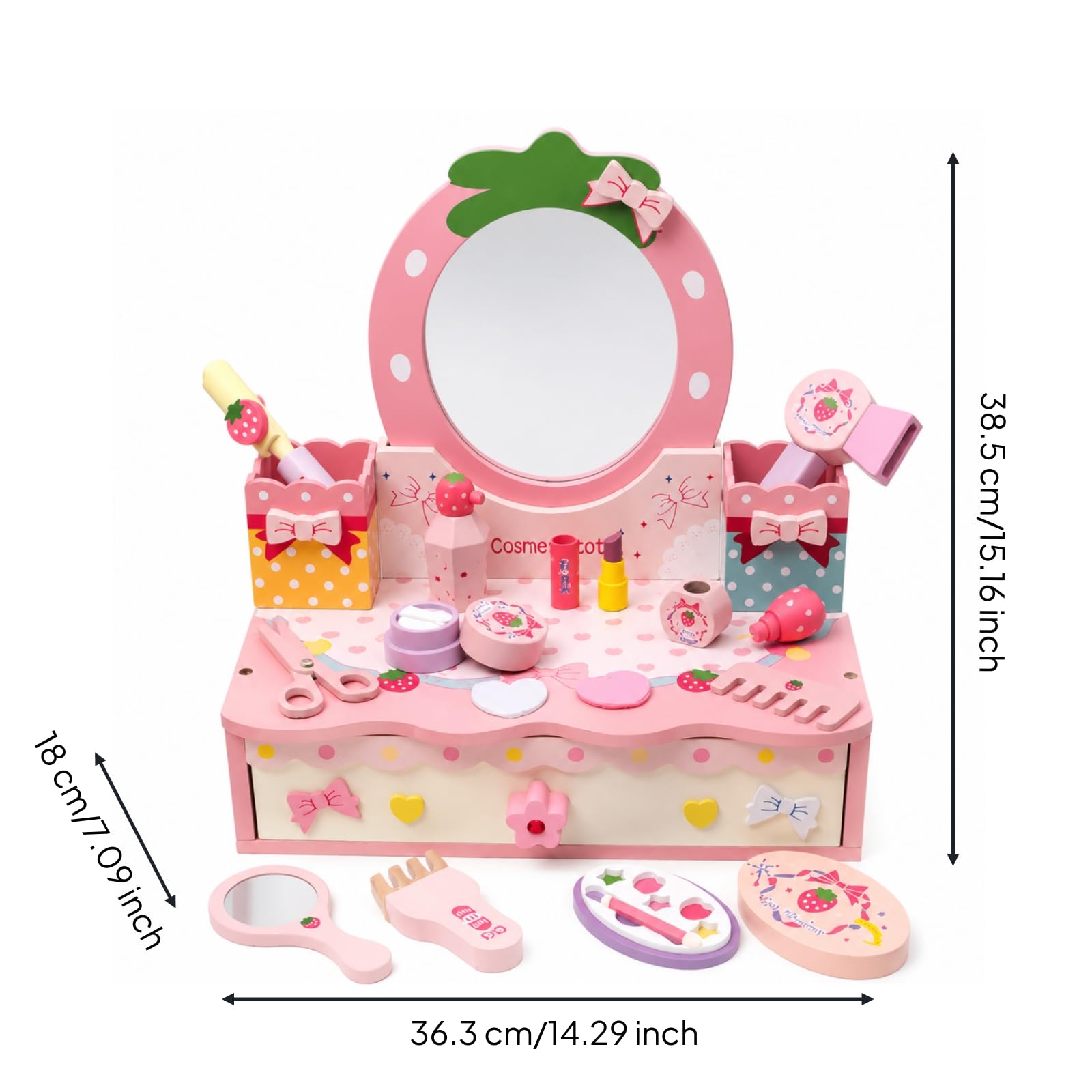 Tocador de Juego Infantil Tocador de Juguete Mesa de Maquillaje Espejo Almacenaje con Cajones Madera Robusta Tamaño de Habilidades Finas y