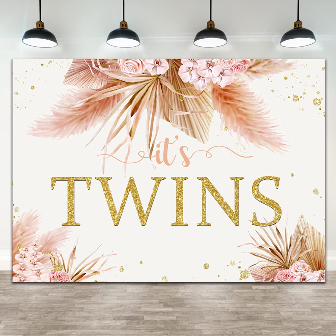 Lofaris It's Twins Baby Shower Backdrop Oh Baby Pink Floral Boho Pampas Photography Background Girls Photo Booth Newborn Baby Party Decoration Watercolor Flower Baby Girls Cake Table Banner 7x5ft