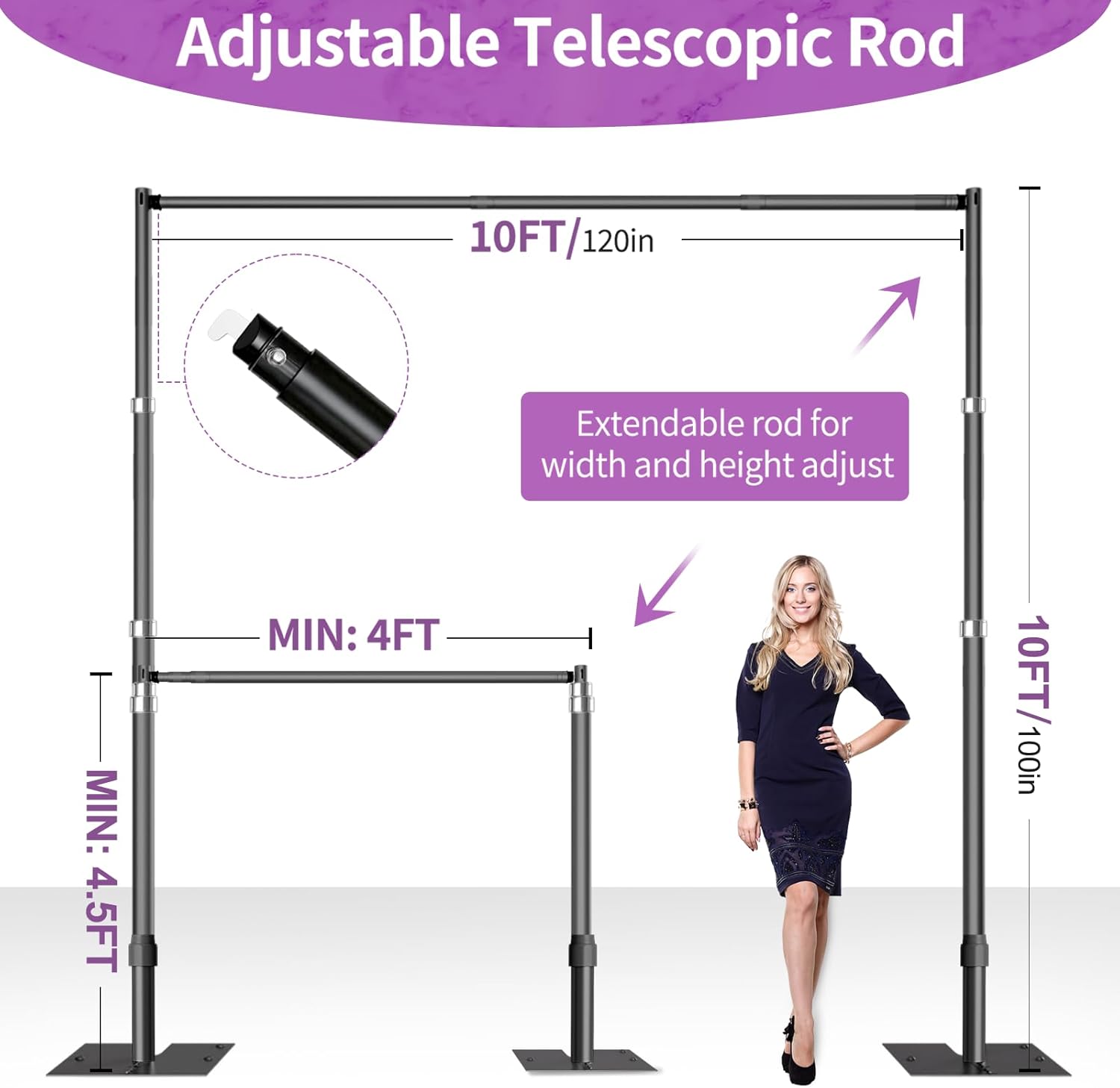 10x10 pipe and drape stand kit, heavy duty backdrop stand adjustable, sturdy metal back drop decoration frame with flat base for parties, flower wall, wedding, event,trade shows, photo shoot- black black 10ftx10ft