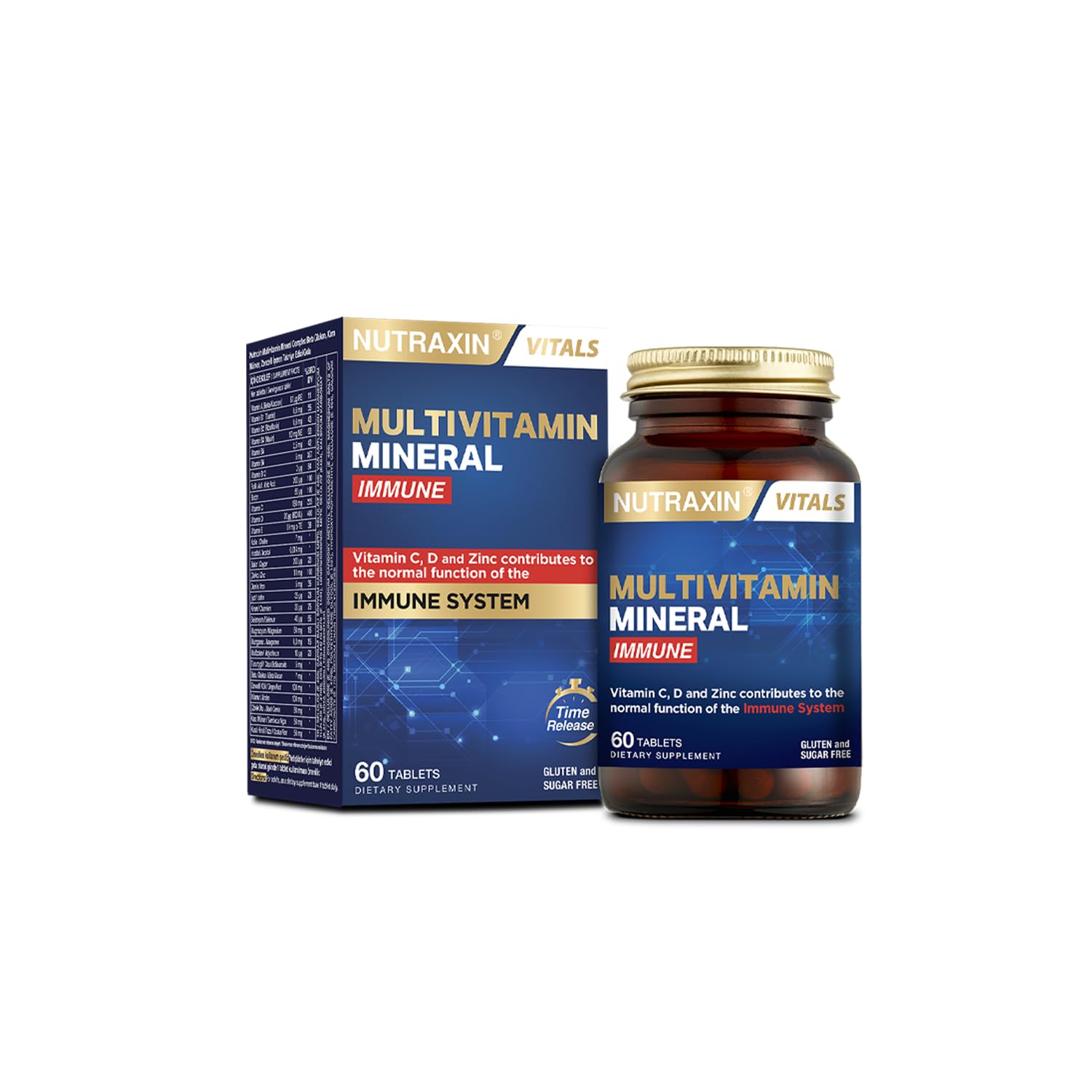 Nutraxin Multivitamin & Mineral Immune | 12 Vitamin + 8 Mineral | Bağışıklık Sistemi ve Enerji Desteği | Şeker ve Gluten İçermez | 60 Tablet