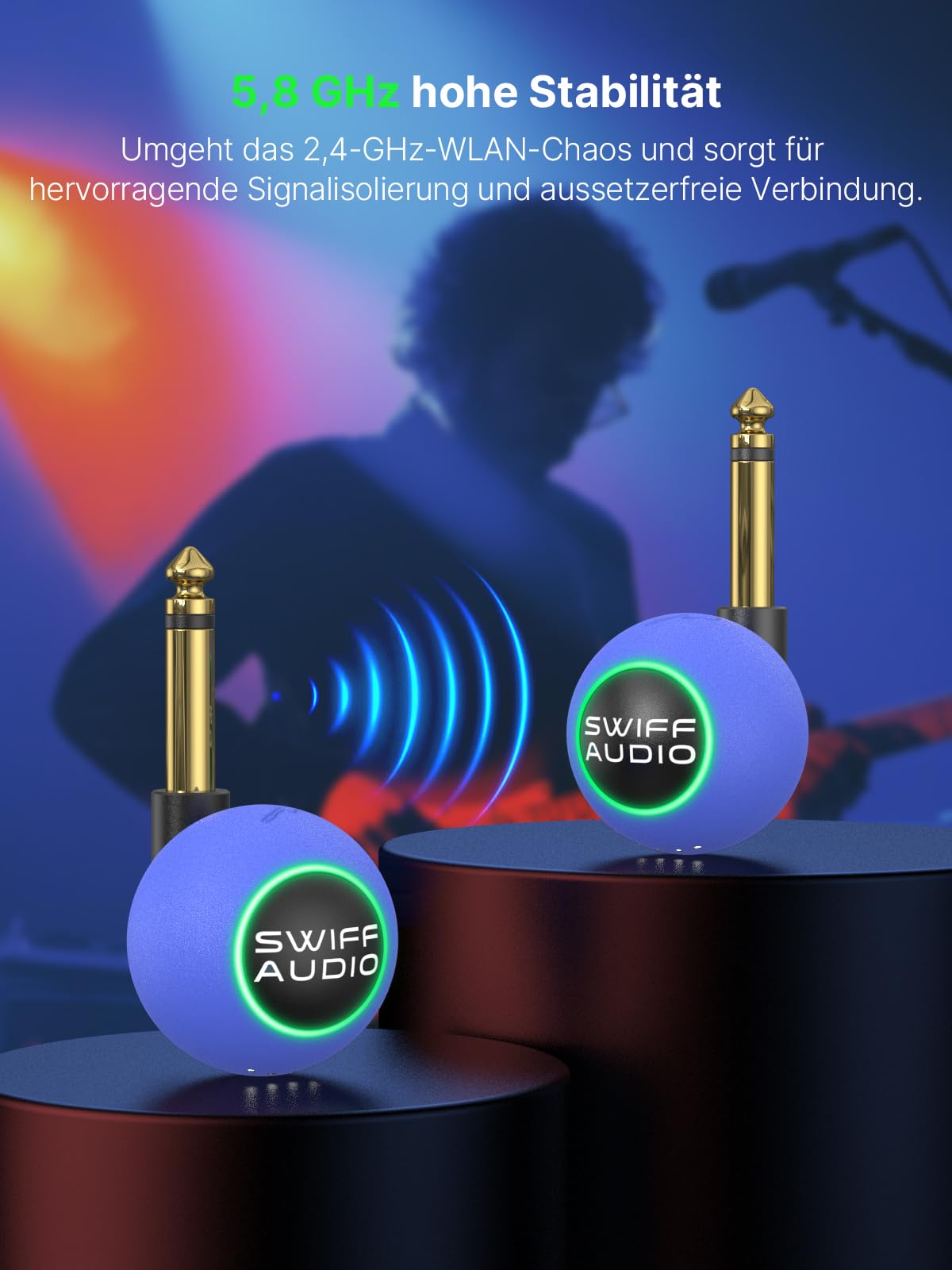 WT09B Funk-Gitarrensystem, Sender & Empfänger, 6 Kanäle mit Auto-Umschaltung, 5,8 GHz, <5,5 ms Latenz, 60 m Reichweite, 1 MΩ HiFi-Eingang, RGB-Anzeige, 4 Std. Laufzeit, Profi-Reiseset, Blau