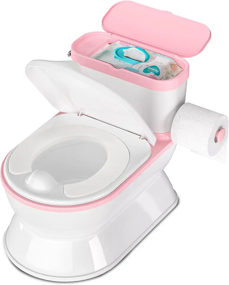2-in-1 Toddler Potty Training Toilet - Larger Potty Chair & Detachable Training Seat for Boys & Girls Ages 1-3 with Flushing Sound, Wipes Storage, Toilet Paper Holder - Pink