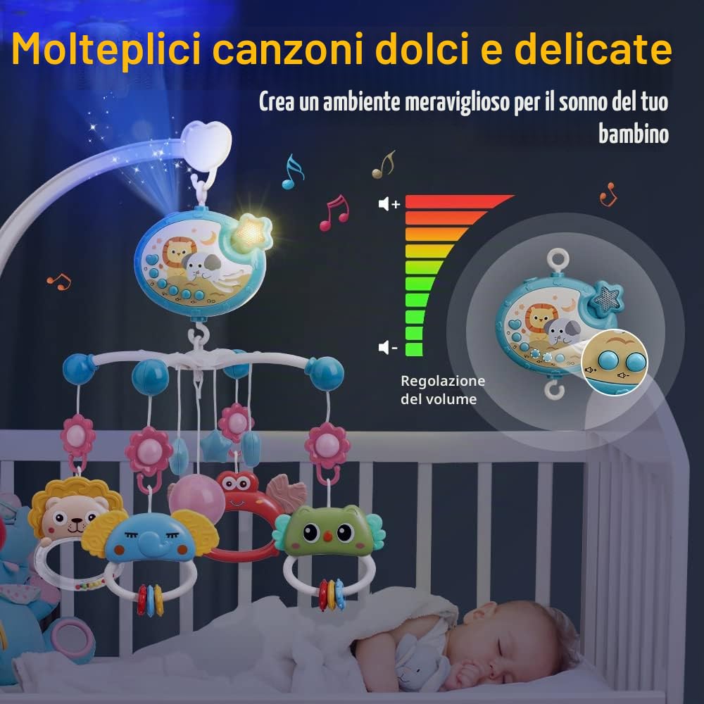 Mini Tudo Bambino Mobile per Culla con Proiezione di Stelle e Funzione di Cronometraggio,Telecomando Scatola Musicale con Muisc e Night Lights,Sonagli Rotanti Giocattolo per neonati 0-24 mesi