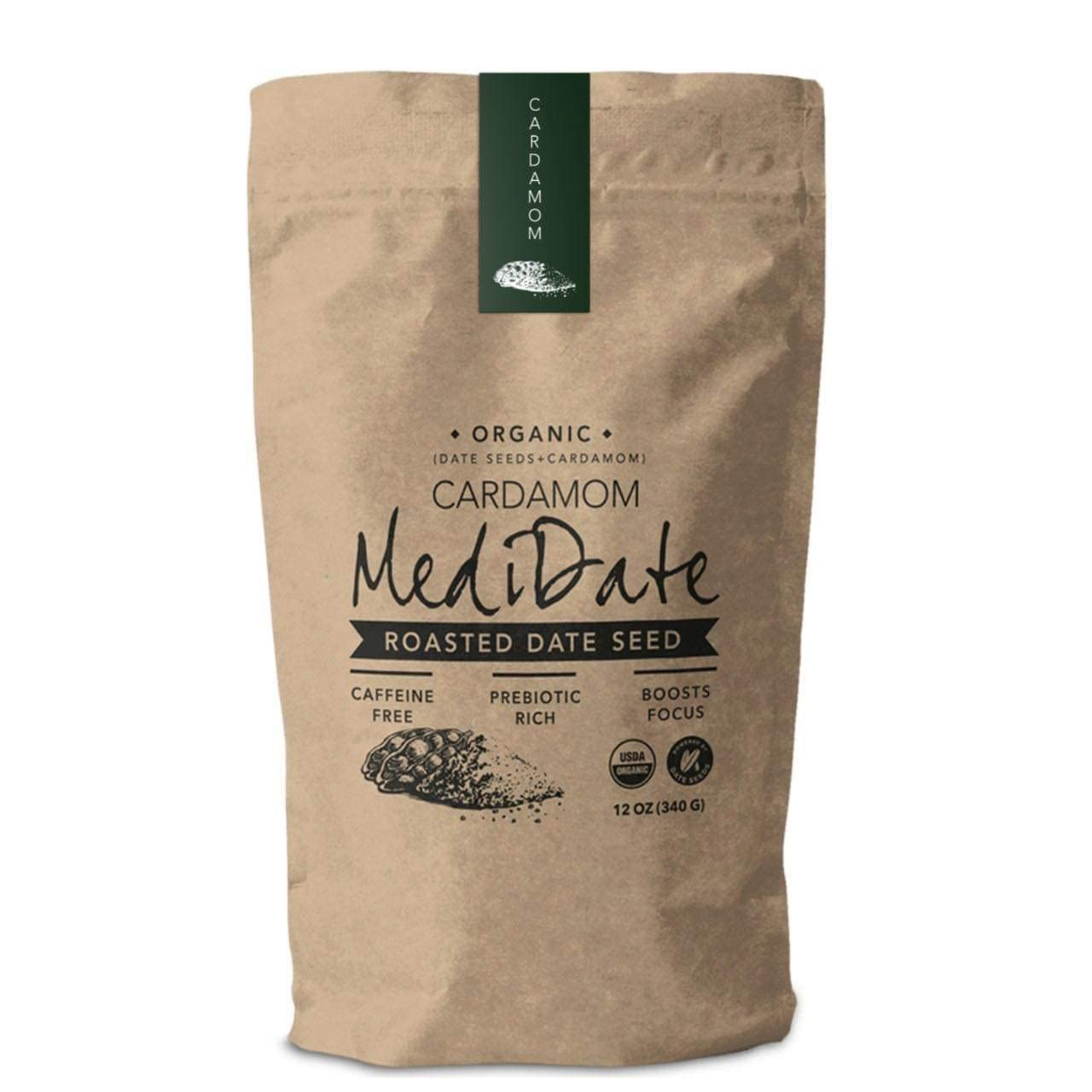 MEDIDATE Coffee Alternative W/Roasted Date Seeds, Cardamom, Caffeine & Acid-Free Coffee Substitute, Naturally Occurring Prebiotics & Polyphenols, Immune Support & Focus (12 oz. / 25 Servings)