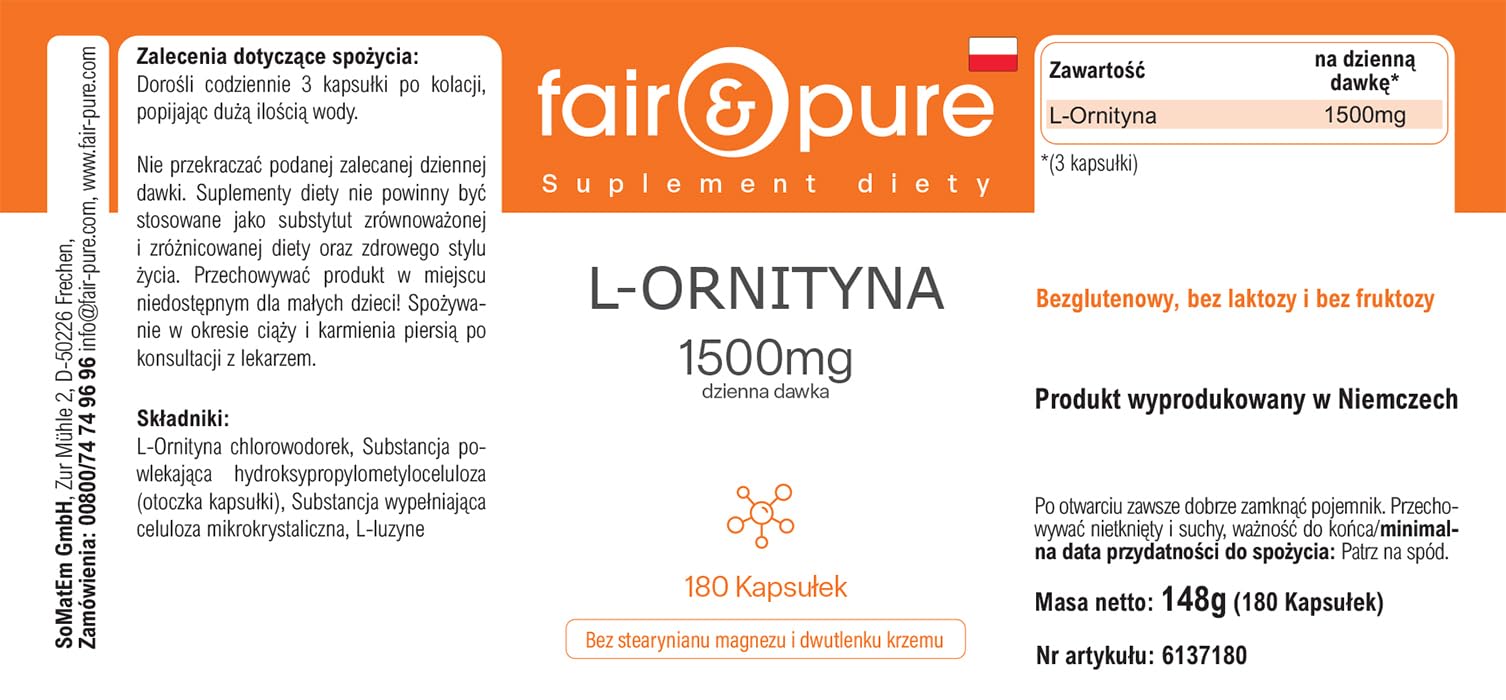 Fair & Pure® - L-Ornitina 1500mg per dose giornaliera - Aminoacido Vegano - Alto dosaggio - 180 Capsule