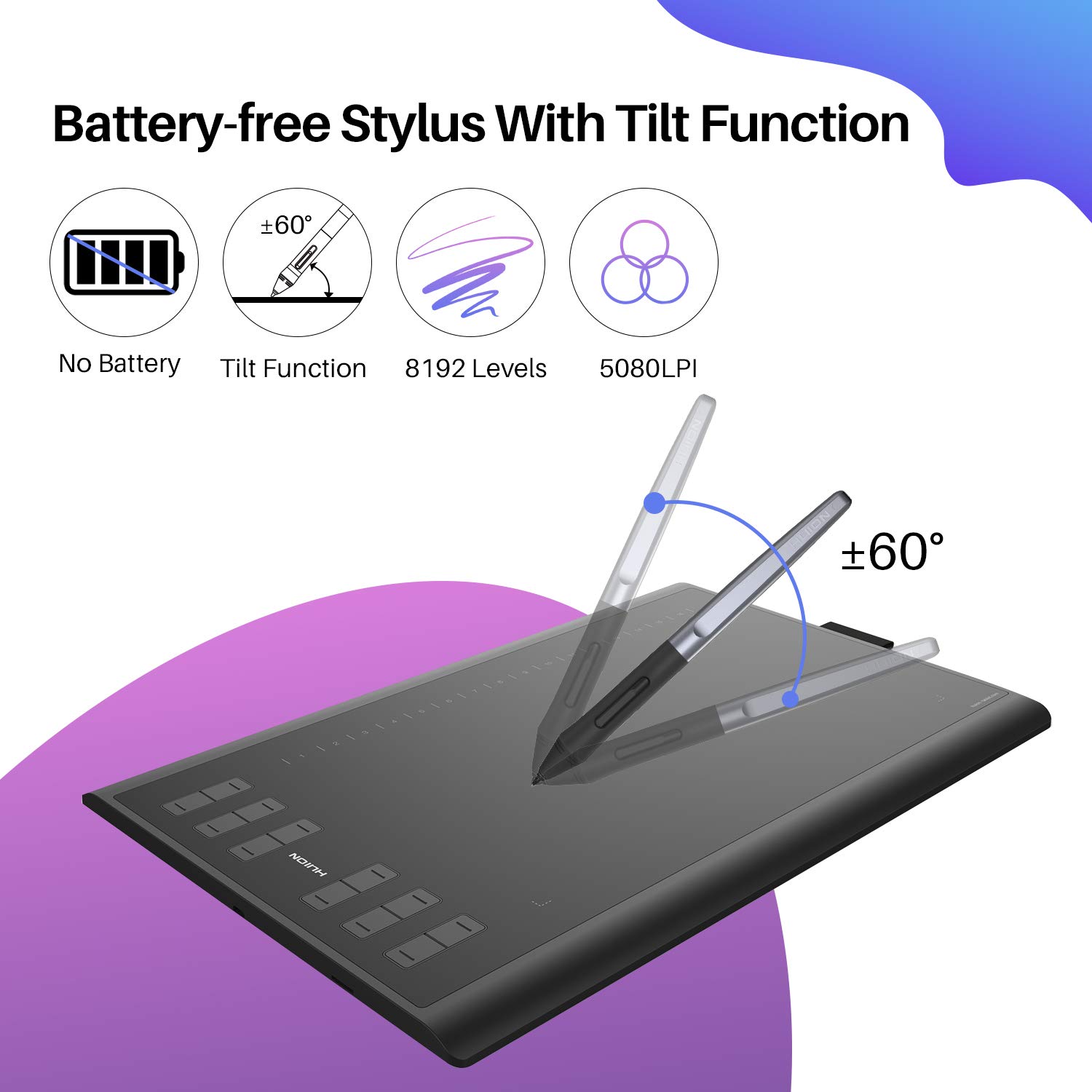 HUION Inspiroy H1060P Grafiktablett (unterstützt Android-Handy) 10 x 6,25 Zoll mit 12+16 Funktionstasten unterstützt 8192 Drucksensitivität und Neigungsfunktion ± 60 °