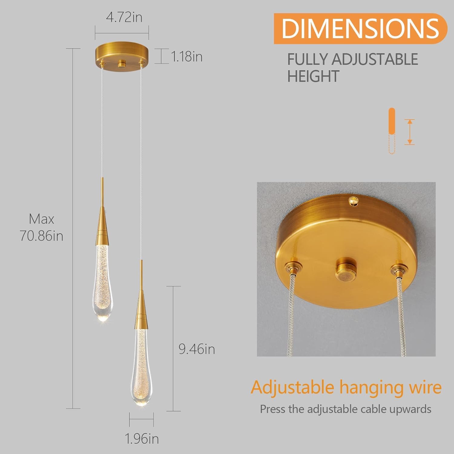 Luces colgantes Lámparas de cocina LED regulables Lámpara colgante dorada moderna Mini iluminación colgante de cristal en forma de lágrima for cocina, isla, dormitorio, pasillo, entrada (2 l
