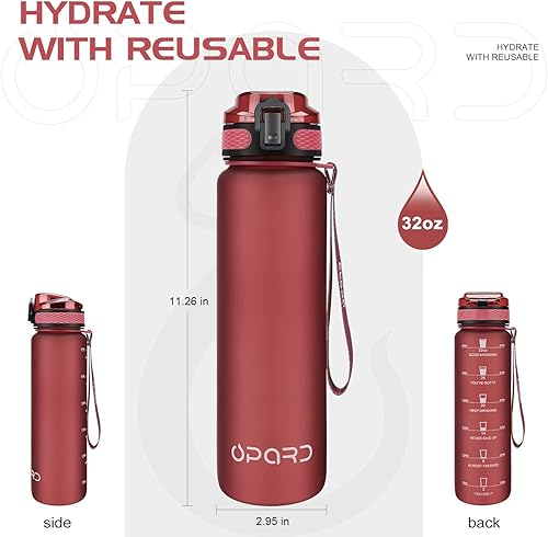 Miniatura 2 de Opard Botella de agua deportiva de 32 onzas con marcador de tiempo motivacional para beber, Tritan reutilizable sin BPA con filtro para gimnasio y