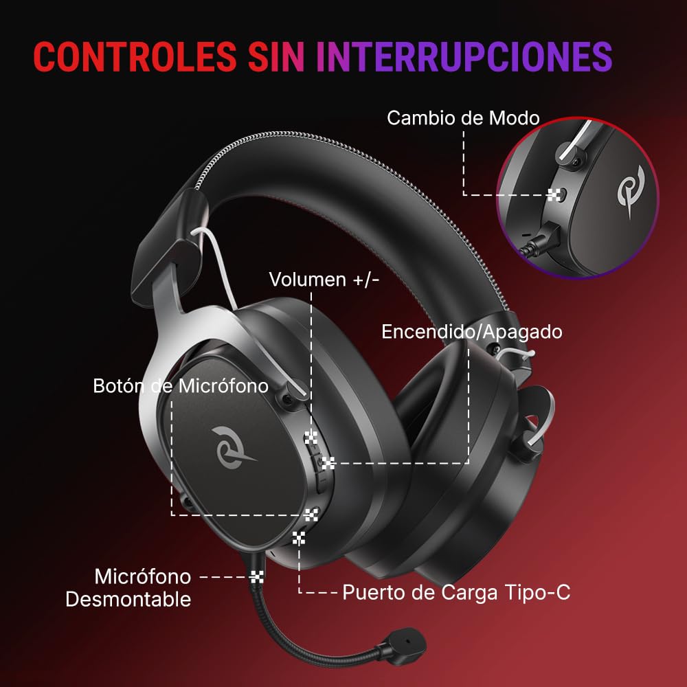QCY Heroad VT200 Cascos Gaming Inalámbricos para PC/Ps5/Ps4/Switch/Mobile, 7.1 Sonido Envolvente, Auriculares Gaming con 2.4 GHz+Bluetooth 6.0, Duración 130H, Drivers 53mm, RGB -Plata Negro