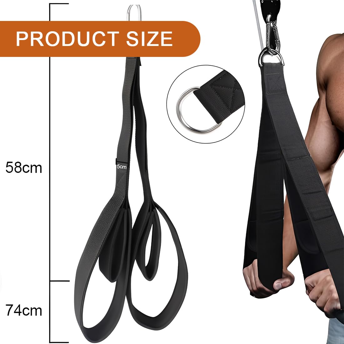 Corda per Tricipiti con Cavo, Fissaggi per Pull Down con 2 Lunghezze (74cm e 58cm), Cinghie per Estensione Tricipiti, Attrezzatura Palestra per Allenamento a Casa
