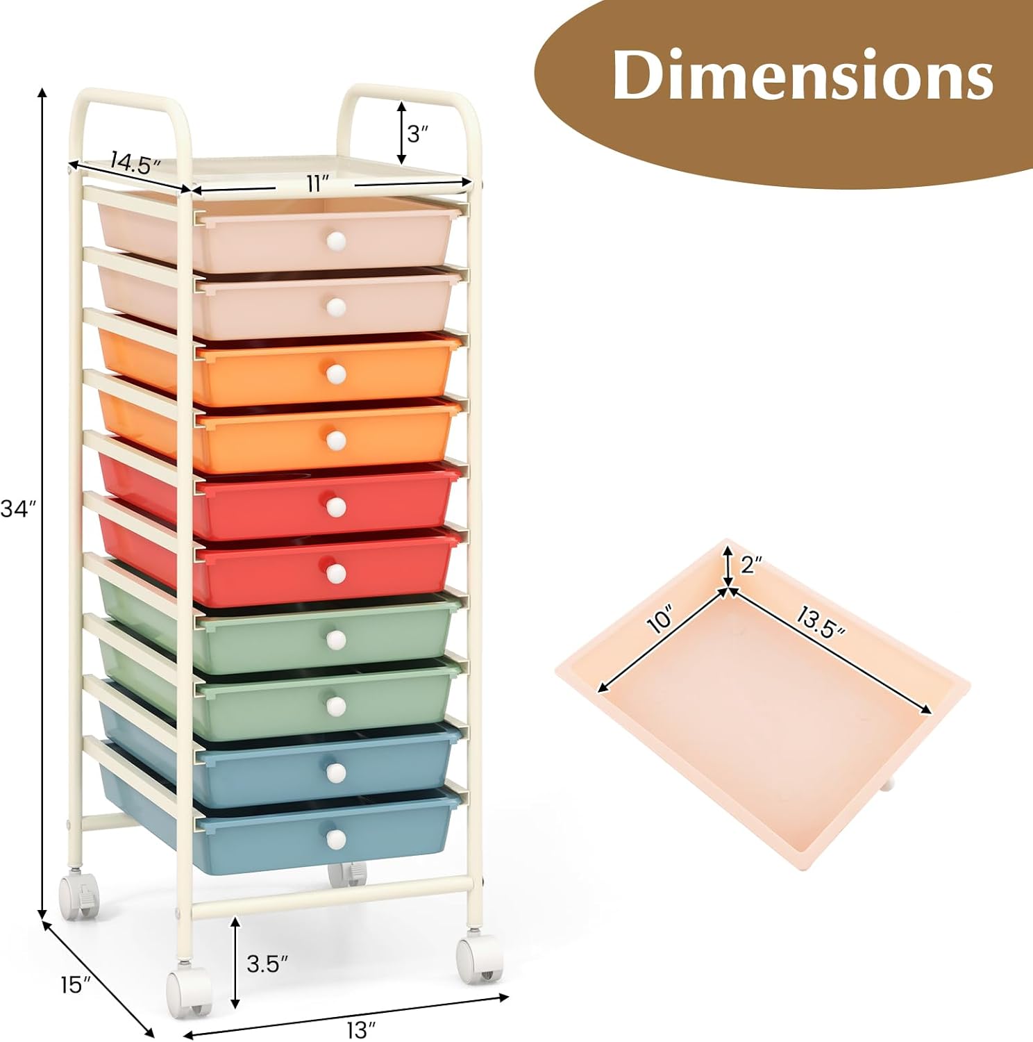 RELAX4LIFE Craft Organizers and Storage Cart - Rolling Cart with 10 Drawers, Lockable Casters for Tools, Trolley Cart with Wheels, Utility Cart for School, Home Office, Craft Cart (Macaron)