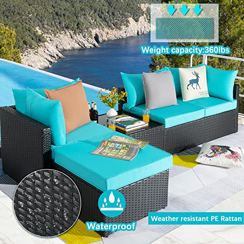 VITESSE Patio Furniture Sets All Weather Outdoor Sectional Sofa Manual Weaving Wicker Rattan Patio Conversation Set with Cushion and Glass Table (5 Pieces, Light Blue) - Thumbnail 7