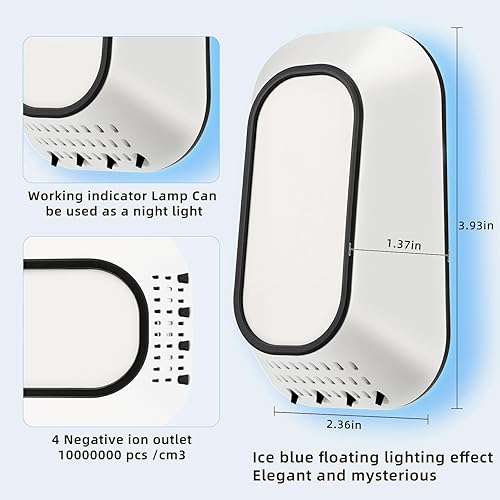 Miniatura 7 de Purificador de aire ionizador enchufable con 4 cabezales de salida de iones negativos, pequeño ambientador con luz de fondo, silencioso y ahorro de