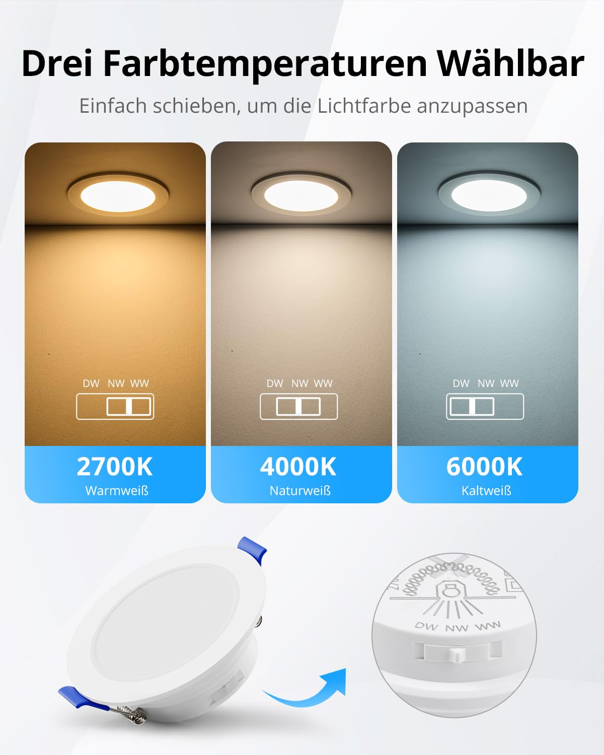 Gr4tec LED Einbaustrahler 230V Dimmbar, 6W LED Spots IP65, 3CCT, 10er Set | Warmweiß Neutralweiß Kaltweiß Deckenspots, Spots Deckenleuchte 68mm-80mm Lochmaß, 700LM Einbauspots für Badezimmer Küche