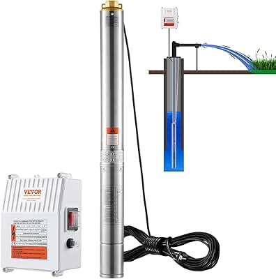 VEVOR Bomba Sumergible para Pozo Profundo, 1500W 230V 60Hz, 9,8 m³/h 108 m de Cabezal, con Cable de 19,4 m y Caja de Control Externa, Bombas de Agua de Acero Inoxidable para Uso Industrial