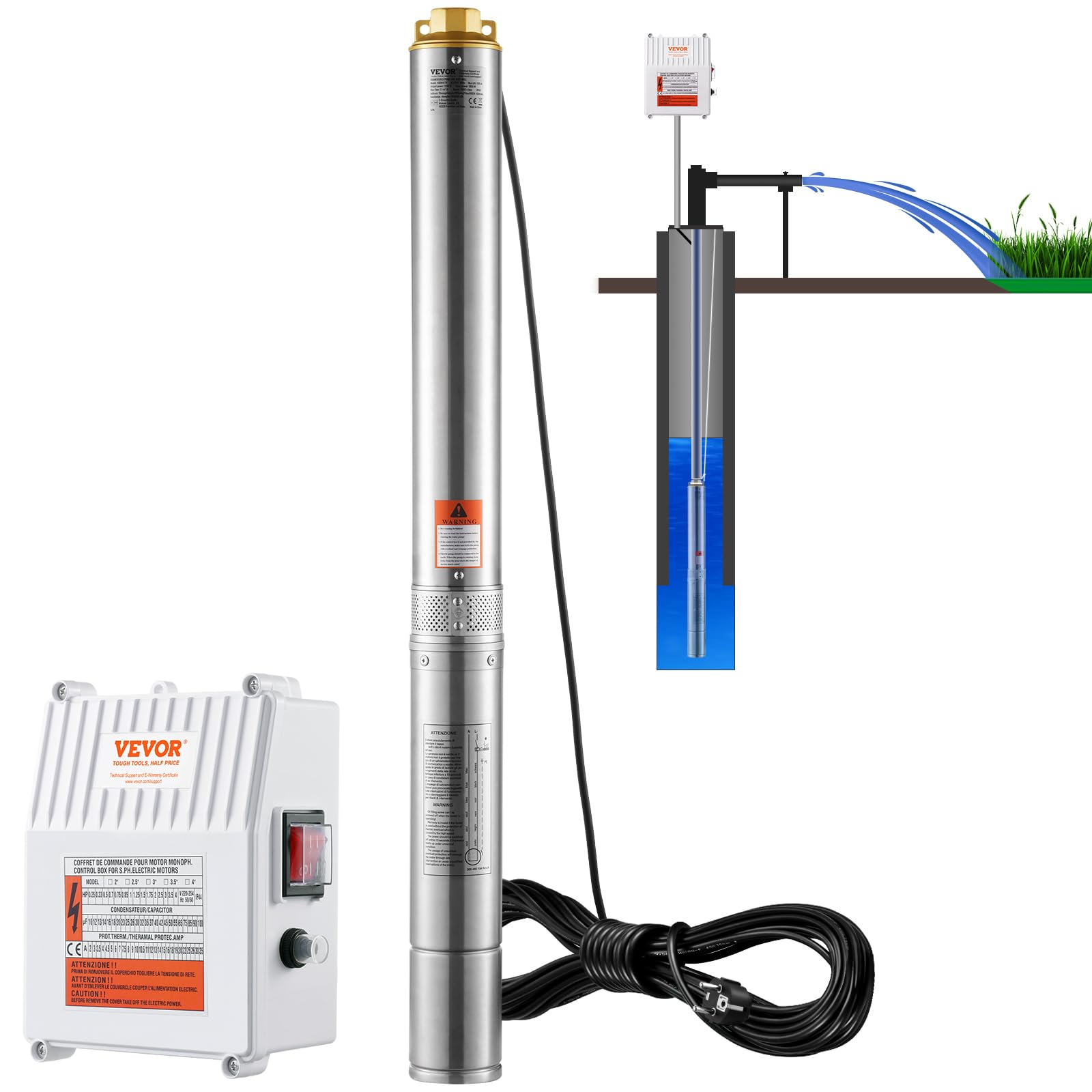 VEVOR Bomba Sumergible para Pozo Profundo, 1500W 230V 60Hz, 9,​8 m³/​h 108 m de Cabezal, con Cable de 19,​4 m y Caja de Control Externa, Bombas de Agua de Acero Inoxidable para Uso Industrial