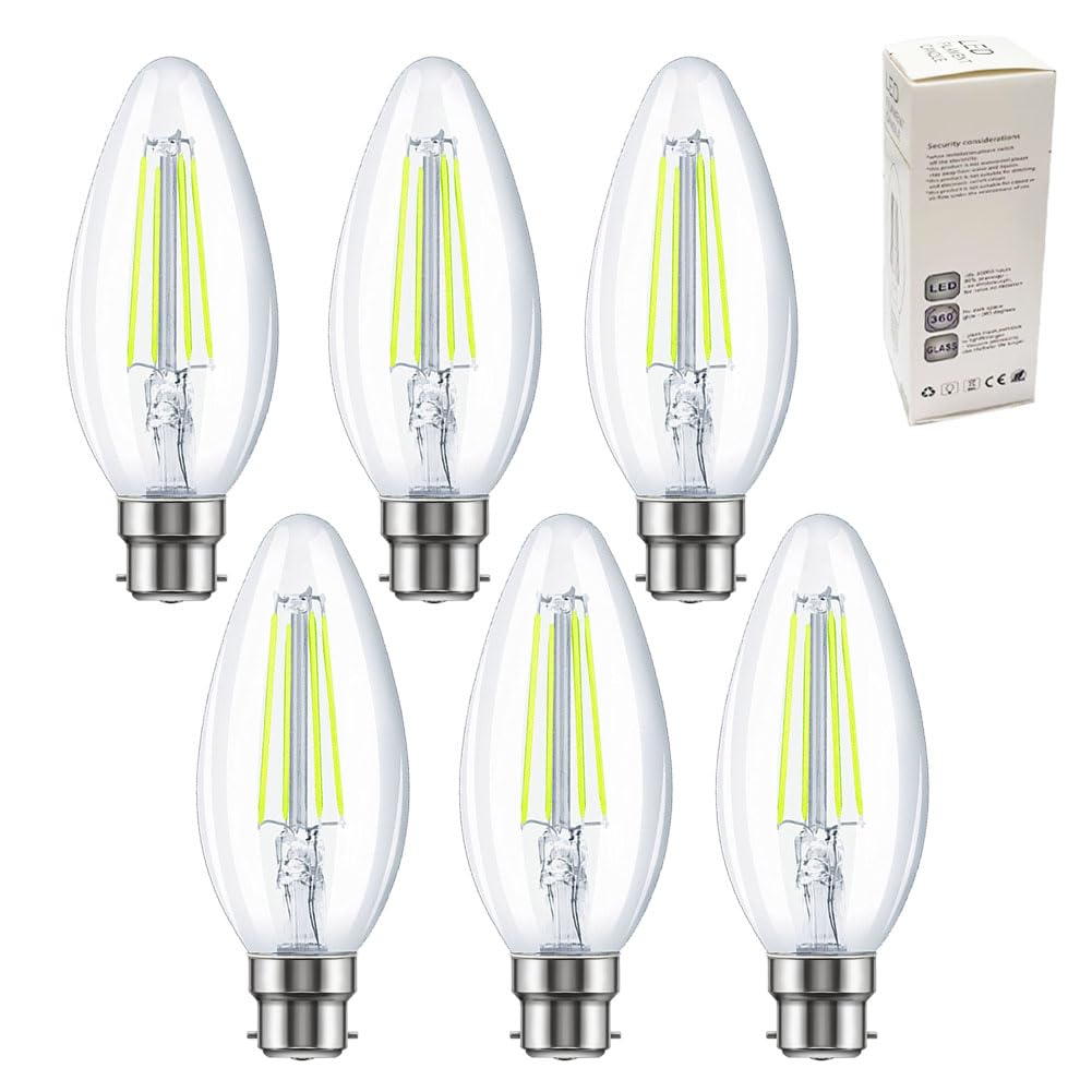 Xnordcaper B22 Bayonet Dimmable LED Candle Light Bulbs, 4W Energy Saving C35 LED Filament Light Bulbs Clear Glass 6000k Cool White B22 Bayonet Cap Candle Bulbs, 40W Equivalent, 6Pack — image 1