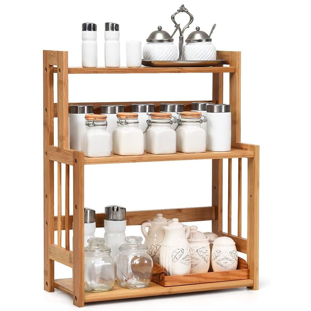 Estante de Especias de bambú ecológico de 3 Niveles con Estante de Altura Ajustable, Estante de Almacenamiento de Cocina de Estante de Especias Independiente for baño, encimera