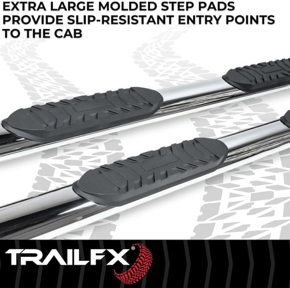 TrailFX Nerf Bars Fits Ford Ranger SuperCrew 2019-2023 Polished Stainless Steel 4 Inch Oval Straight Side Steps with Step Pads Welded End Caps Rocker Panel Mount Running Board Pair TrailFX A1550S