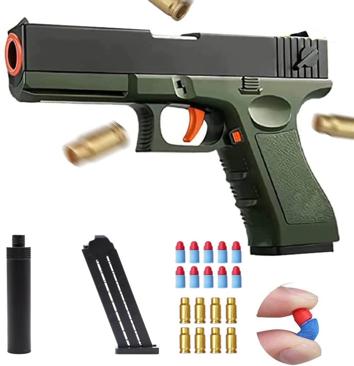 Zhongren Glock Toy gun with soft bullets Shell Ejecting Pistol Blaster with Soft Foam Boys Shooting Game with Ejecting Magazine and Silencer for Children Education Foam Blaster Birthday Gift (Green)