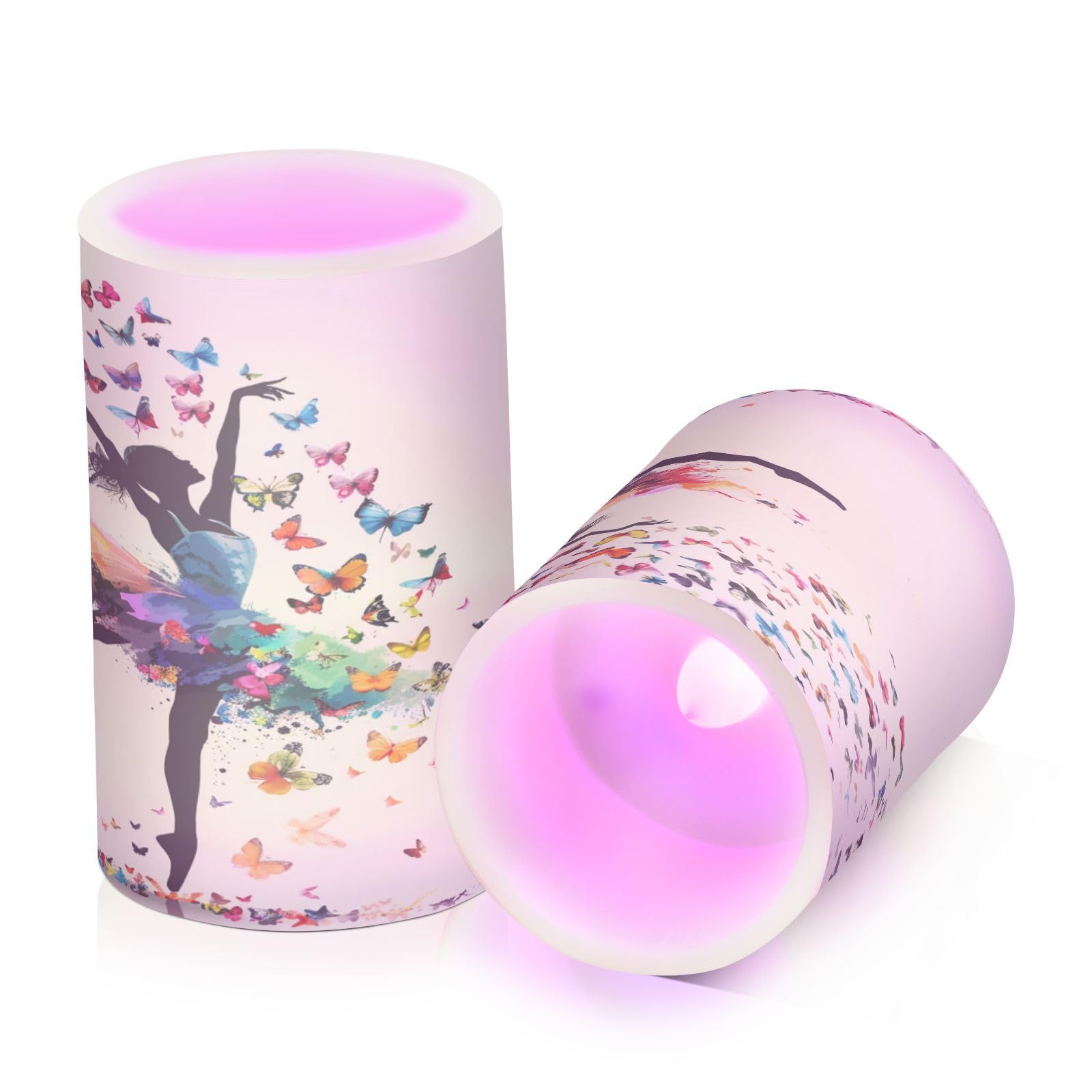 Ballerina Girl Dancing Ballet Colorful Butterflies Flickering Flameless Candles Battery Operated with Remote Timer,Tea Light Candles LED Pillar Votive Candles set of 2 for Outdoor Indoor Decorations