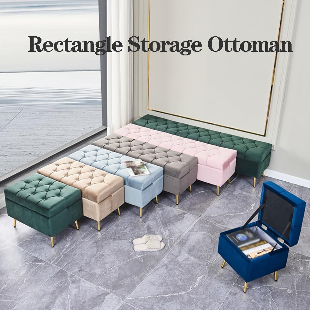 Banco de almacenamiento otomano, taburete rectangular tapizado de terciopelo para dormitorio, entrada o sala de estar con patas de metal, organizador multiusos para mantas y mucho más