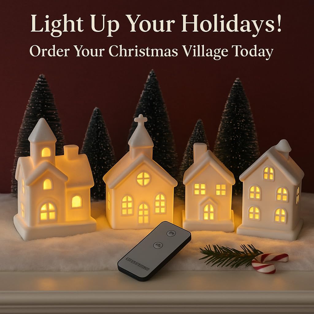 9 Pcs Christmas Village Figurines Sets - 4 Lighted Ceramic Houses with Remote Control & 5 Trees - Christmas Decorations Indoor - White Xmas Holiday Farmhouse Rustic Decor for Home Table Room