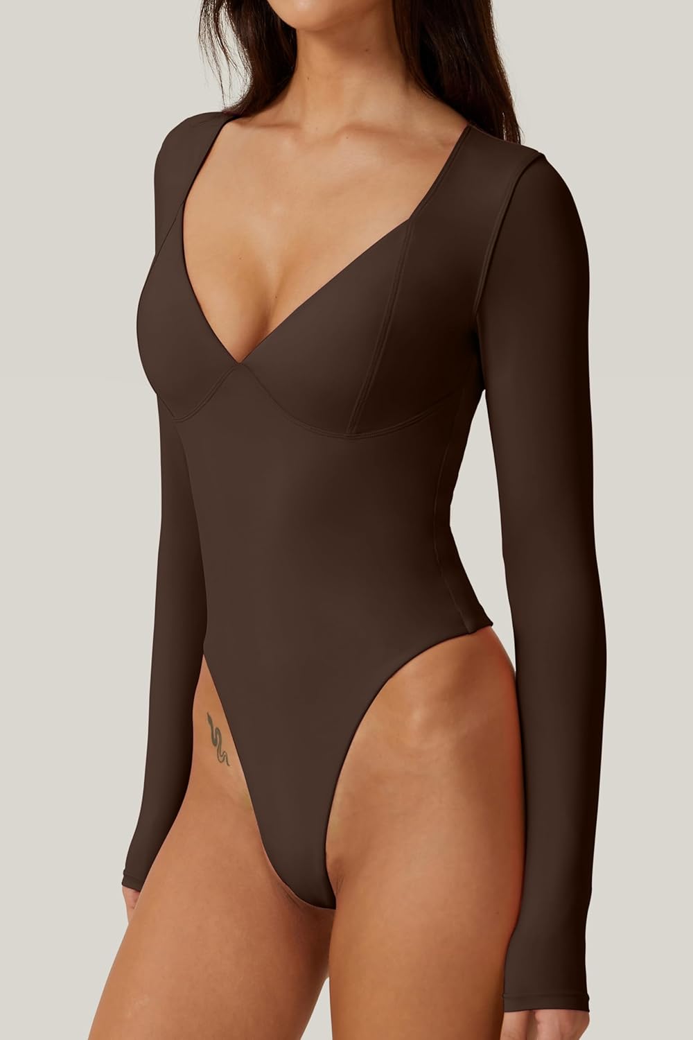 QINSEN Women's Long Sleeve Bodysuit V Neck Body Suits Seamed Cup Going Out Tops Shirt - Image 2