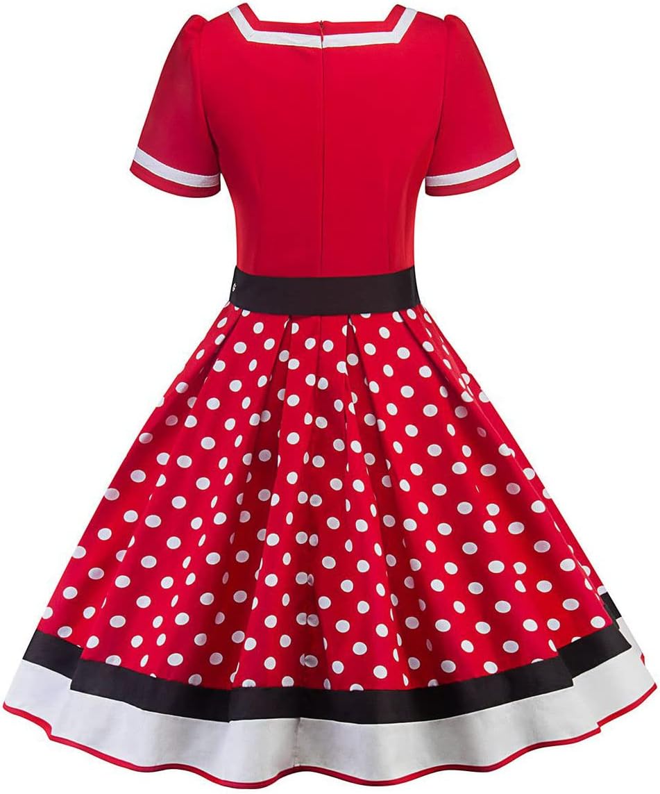 Women 50s 60s Vintage Polka Dots Cocktail Swing Dress Short Sleeve V-Neck 1950s Audrey Hepburn Rockabilly Prom Dress Fit and Fared A-Line Sailor Dress Wedding Midi Evening Dress with Belt Red+White XL - Image 2