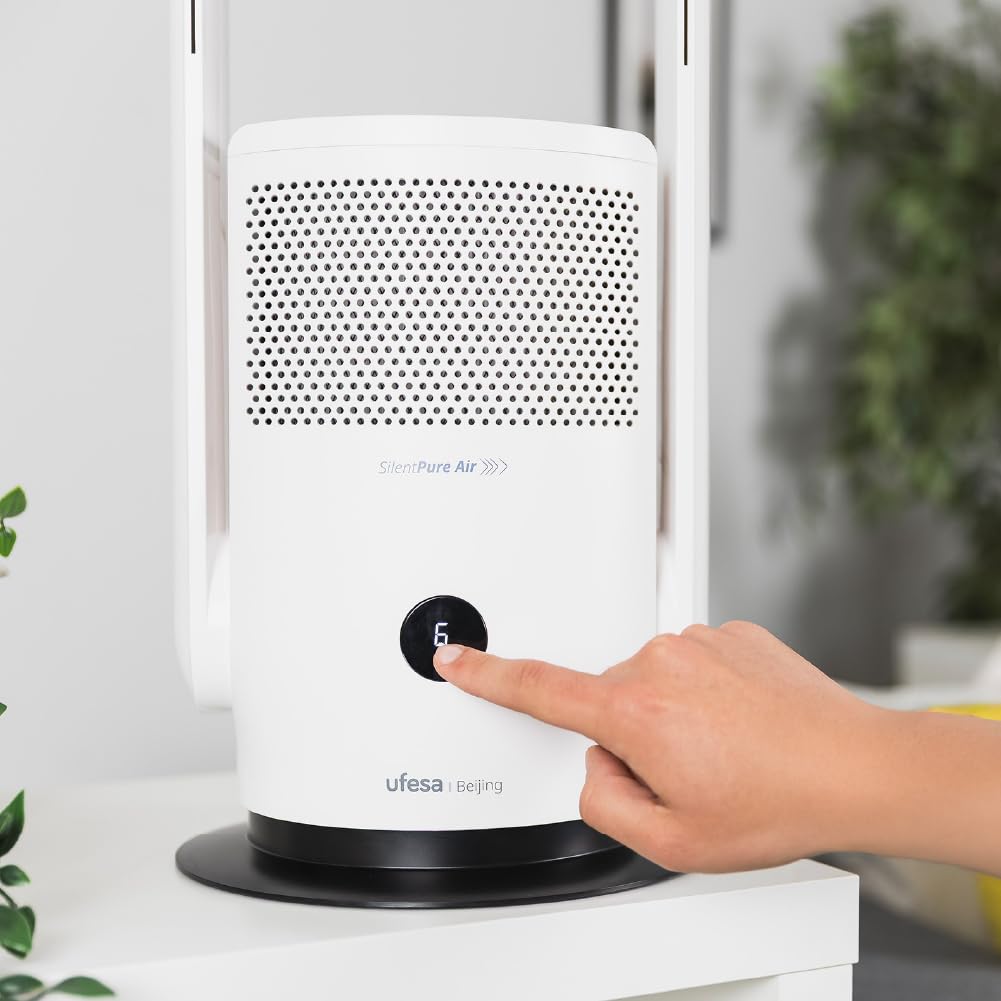 Ufesa Beijing Ventilatore e Purificatore d’Aria Senza Pale 2‑in‑1, 35W, Filtro HEPA13, CADR 90 m³/h, 9 Velocità, Oscillazione 80º, Ultrasilenzioso, Timer 8h, Display LED, Telecomando