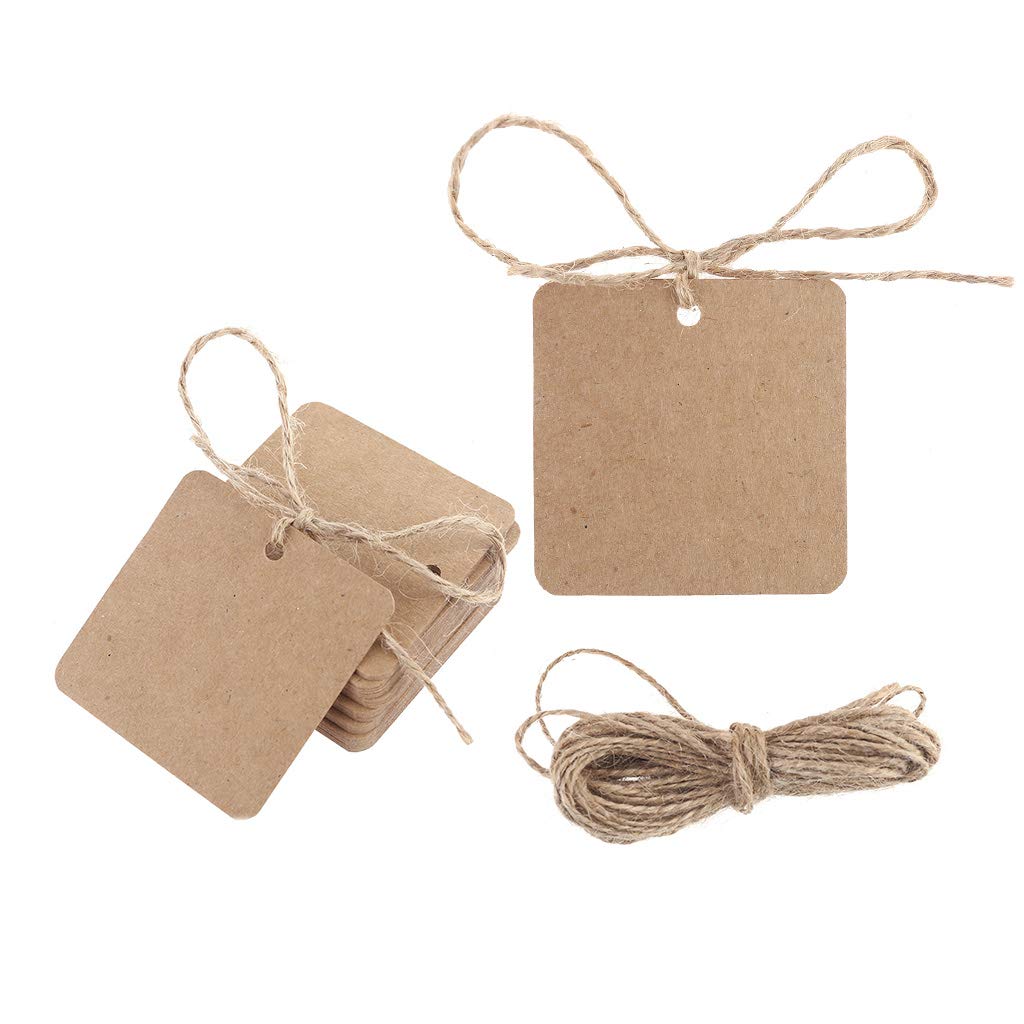 Molkasia 100Pcs Square Kraft Paper Tags Wedding Label Card Craft With 10M Twine