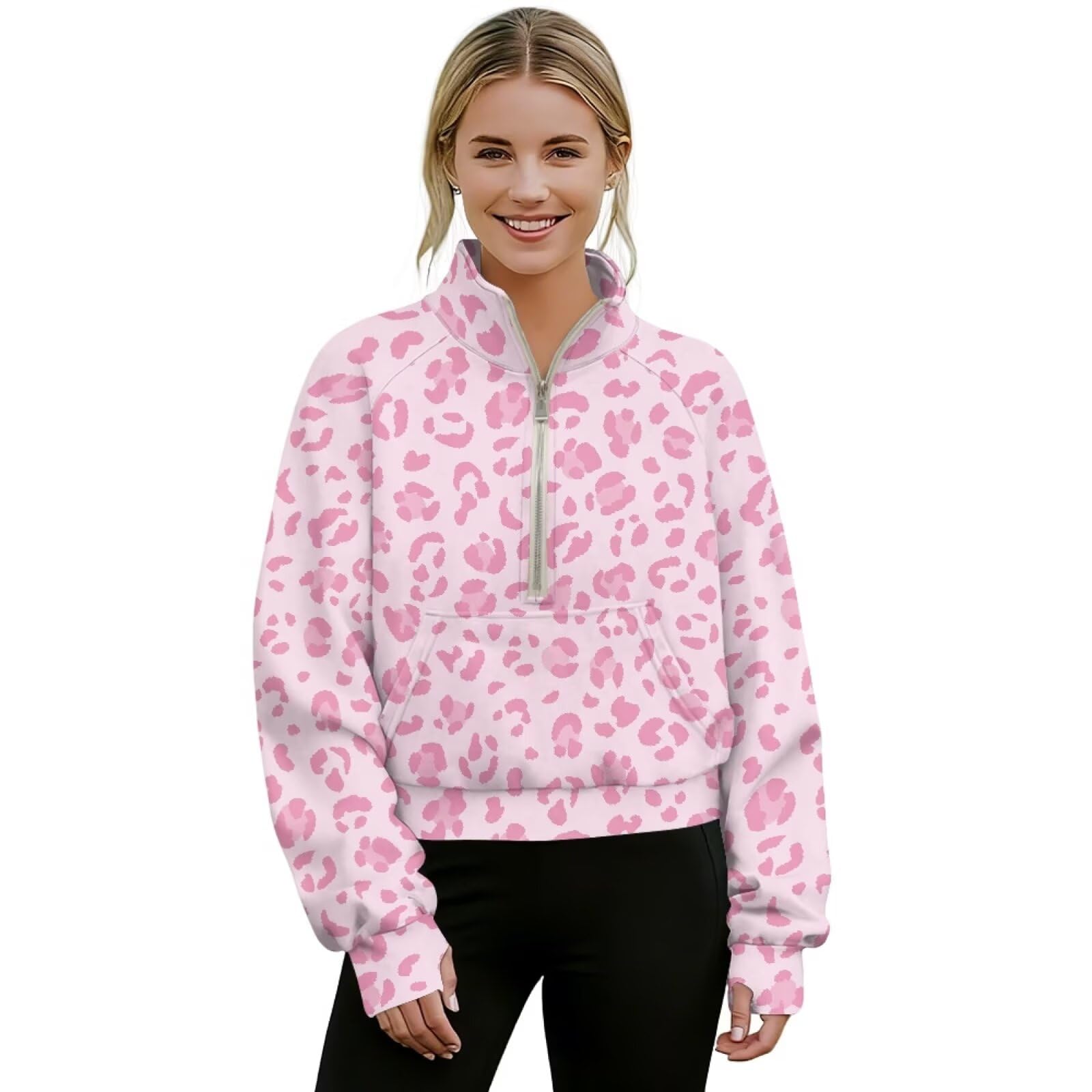 Poceacles Sudadera corta con media cremallera para mujer, con agujero para el pulgar, manga larga, sin capucha, cuello alto falso