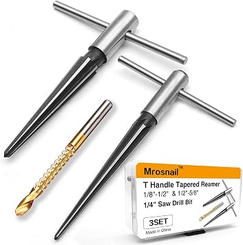 Tapered Reamer Tool Set with T Handle - 2 Pcs Hand Held 6 Fluted Chamfer Bridge Pin Hole Reamers for Woodworking & Guitar Luthiery, Sizes 3-13mm1/8"-1/2" & 5-16mm 3/16"-5/8"