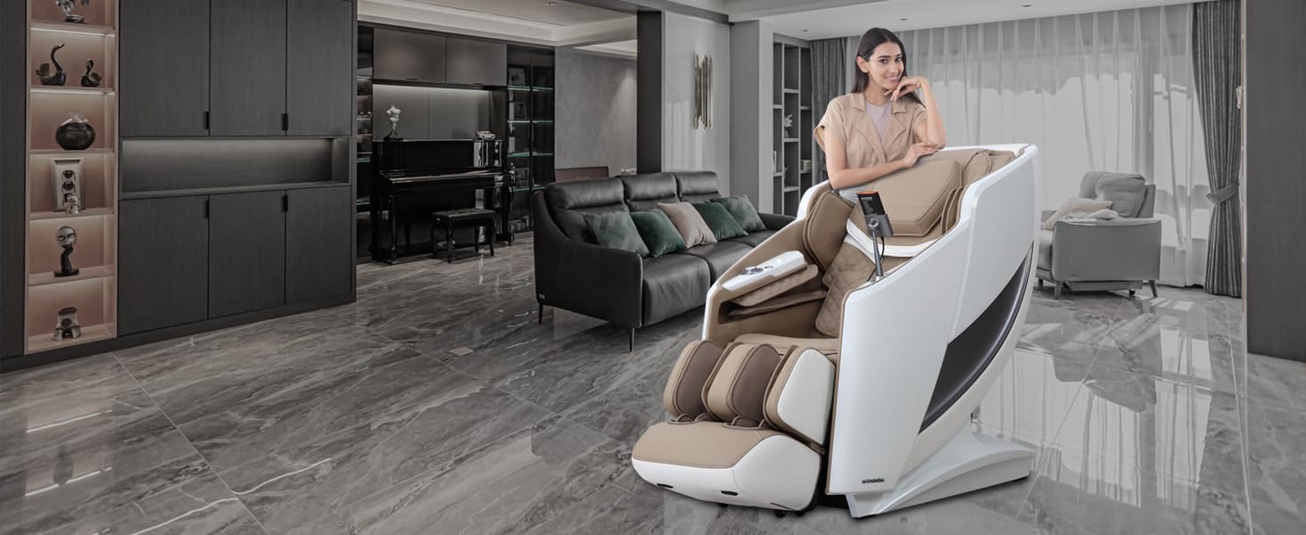 RoboticVibe Home-Spa 4D Massage Chair- RV7575 Immersive Fragrances, 18 Auto Programs, Wireless Charging, Voice Control, & Health Scan For True Smart Homes. Dual Tone Colour - White Brown RoboticVibe Home-Spa 4D Massage Chair- RV7575 Immersive Fragrances, 18 Auto Programs, Wireless Charging, Voice Control, & Health Scan For True Smart Homes. Dual Tone Colour - White Brown