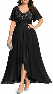 Pinup Fashion Plus Size Formal Dress - Evening Wedding Guest Cocktail Sequin Chiffon Long Dresses with Slit