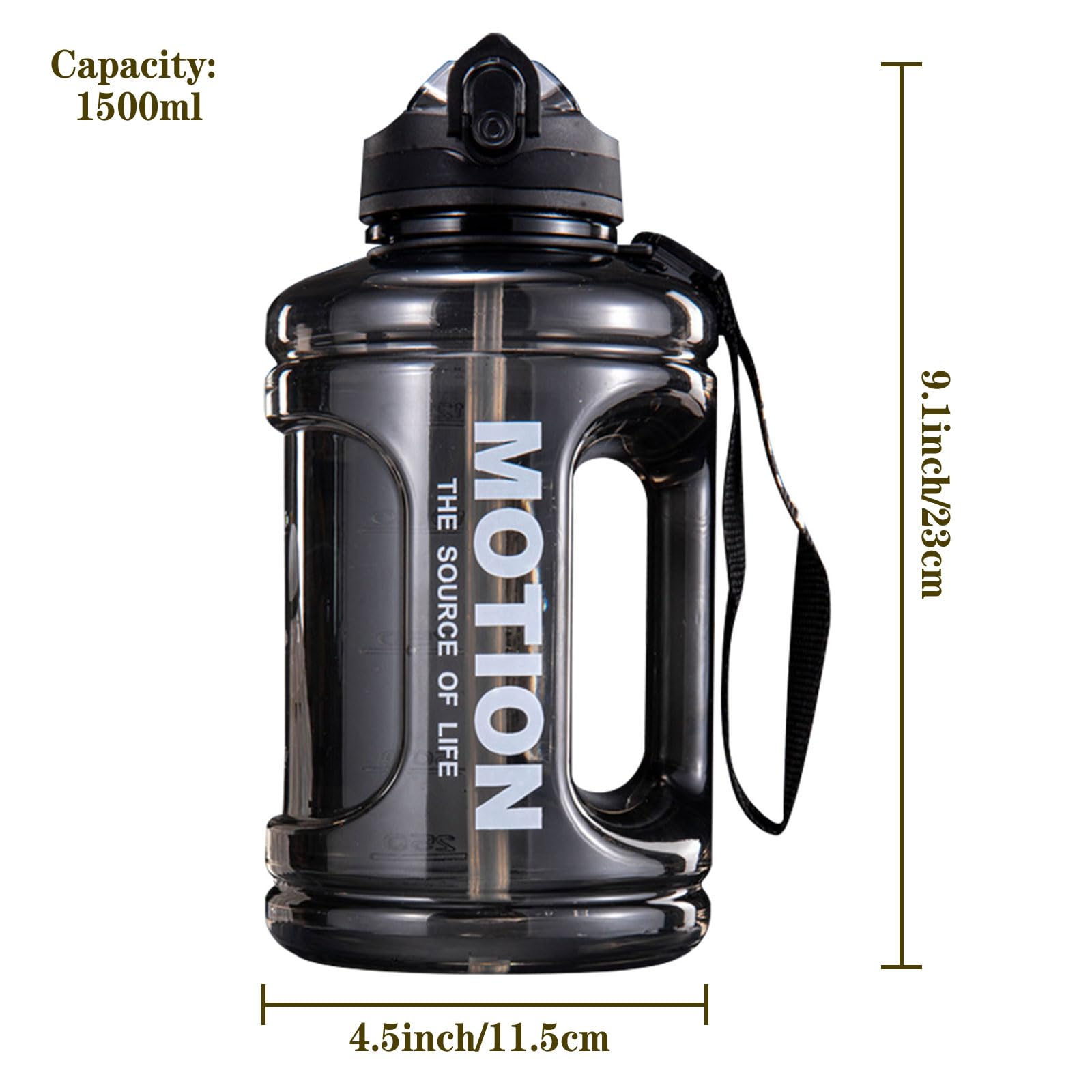 Ogetok 1.5L Large Water Bottle 50oz Black Water Jug, 0.4 Gallon Sports Gym Drink Container with Handle & Straw - Image 2