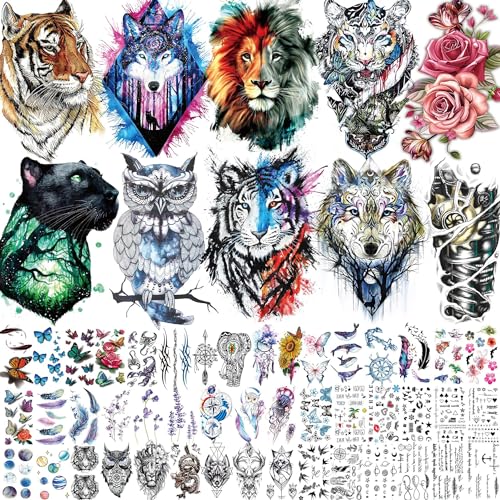 Bilizar 56 Sheets Watercolor Owl Tiger Lion Temporary Tattoos For Women Men Body Art Arm Thigh, 3D Long Lasting Realistic Fake Tattoo Sleeve Stickers For Adults, Wolf Fox Leopard Bulk Temp Tatoos Kids