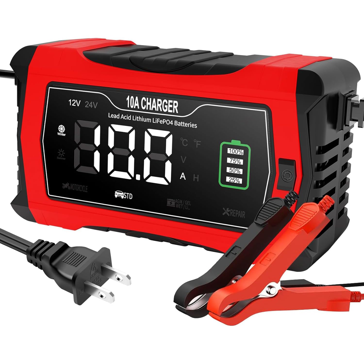 Car Battery Charger, 12V 10A and 24V Fully-Automatic Trickle Charger Desulfator, Smart LCD Battery Maintainer w/Temperature Compensation for Car,Truck,Motorcycle,Lawn Mower,Lead Acid Batteries