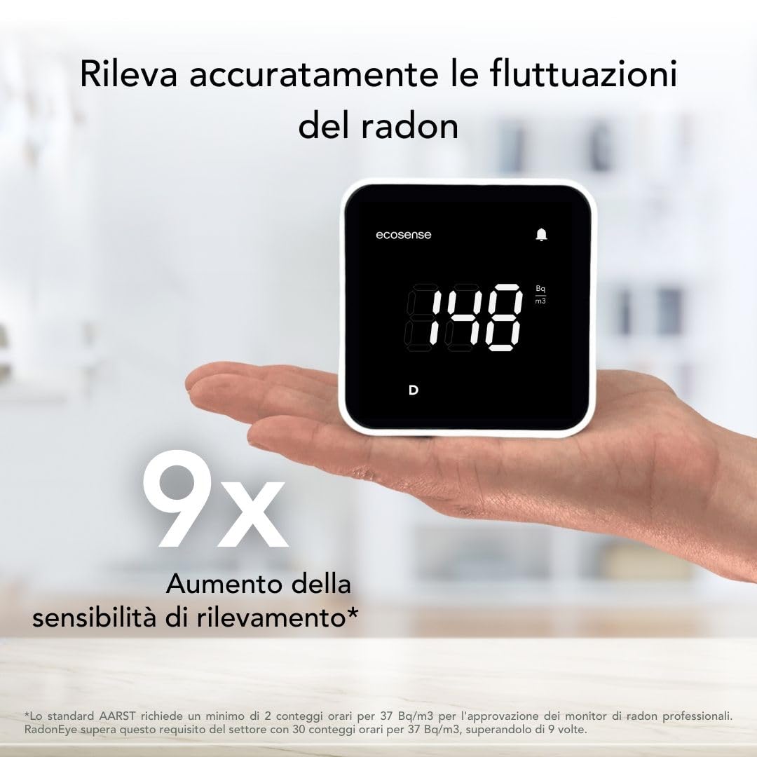 Ecosense EB100 EcoBlu, Rilevatore Radon domestico, Cattura & Visualizzazione Risultati Ogni 10 Minuti, Monitoraggio Continuo a Breve E Lungo Termine, Facile Da Usare