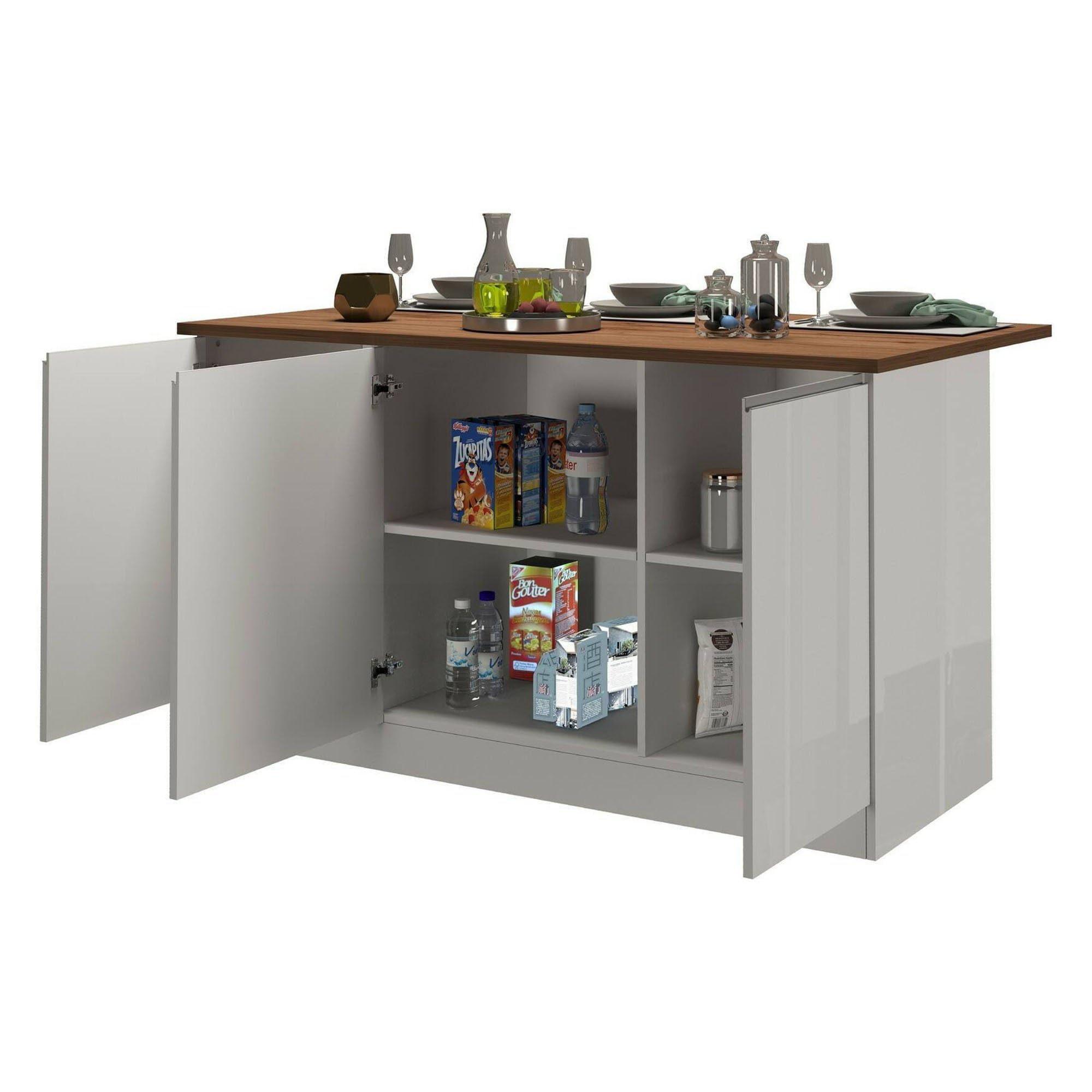 Dmora - Îlot de Cuisine Patrizio, Armoire Polyvalente, Meuble de kitchenette, Table auxiliaire, 100% Made in Italy, 155x90h90 cm, Blanc Brillant et chêne