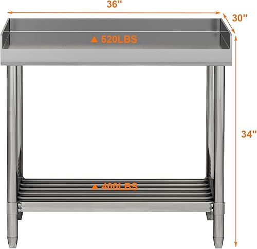Miniatura 3 de Fashionwu Mesa de acero inoxidable con protector contra salpicaduras, mesa resistente de 30 x 36 pulgadas para cocina, mesa de preparación comercial