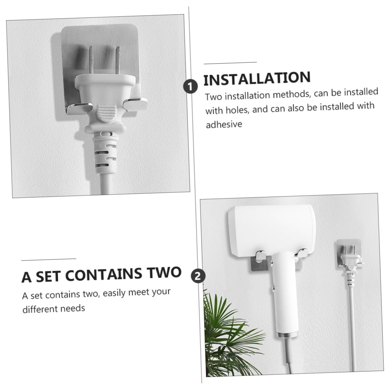 WOONEKY 2pcs Stainless Steel Hair Dryer Bracket Stand Wall-mounted Hair Dryer Holder for Hair Dryers Adhesive Mounting No Drill Modern Design