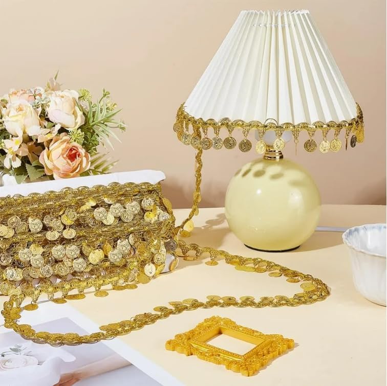 10 Yards Gold Coin Sequin Tassel Fringe Trim, BetterJonny 2 inch Sequins Lace Tassel Fringe Trim with Aluminum Pendants DIY Sewing Projects for Dance Dress Decoration Accessories