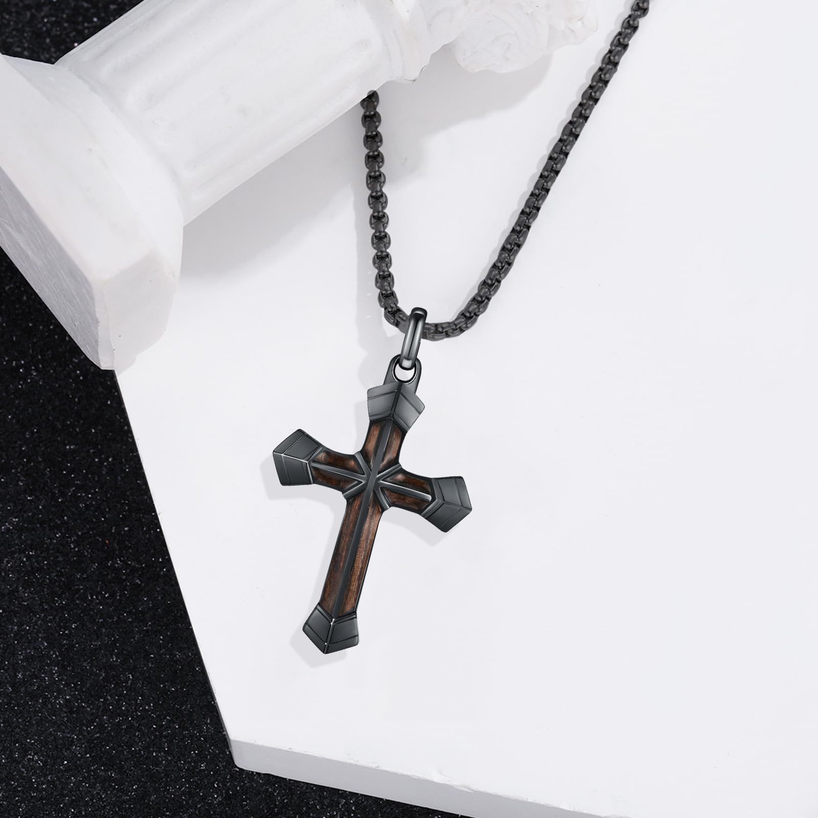 Herren Holzkreuz Kette 925 Sterling Silber Ebenholz Kreuzanhänger 55+5 cm Verstellbare Kette Schwarz Religion Schmuck Weihnachten Jahrestag Geburtstag Geschenke für Männer 35 mm