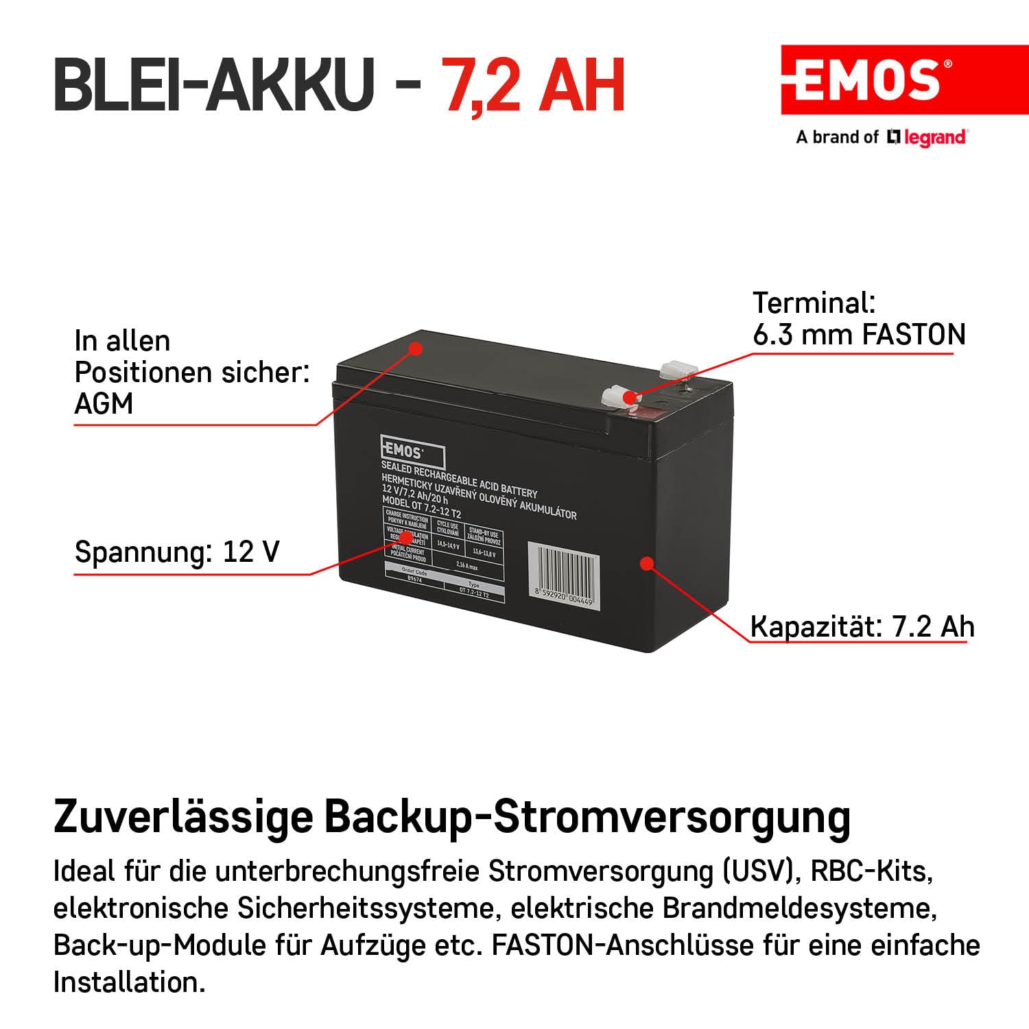 Image secondaire de Batterie au Plomb EMOS 12V 7,2Ah - Accumulateur Sans Entretien