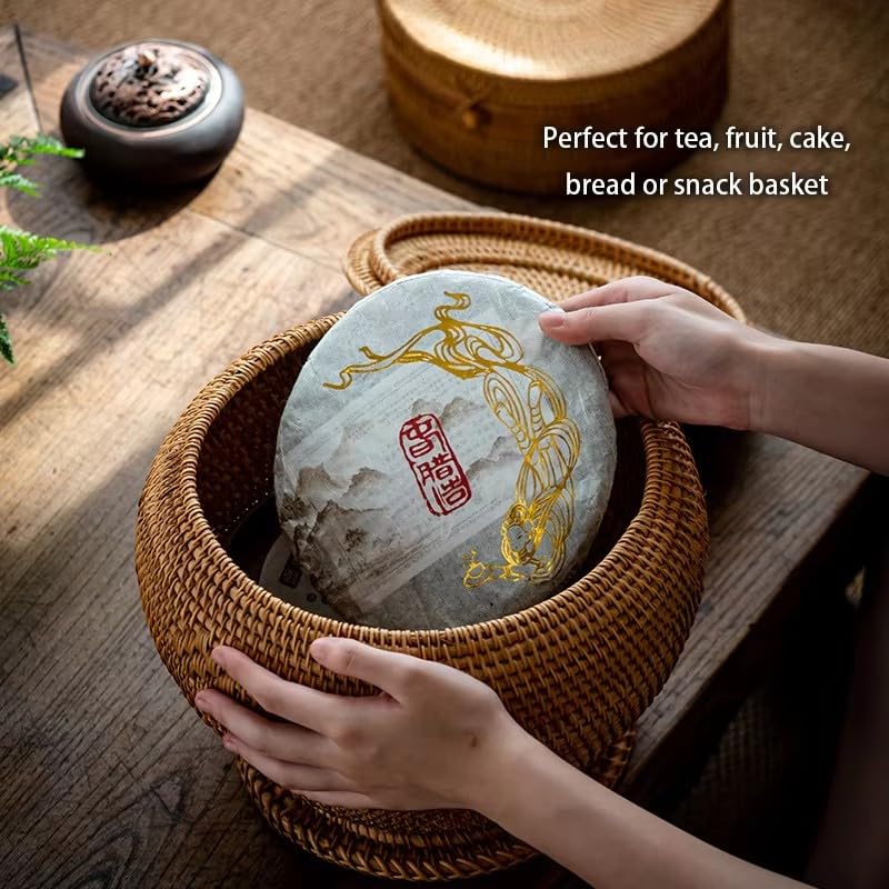 Basket Storage Rattan Woven Baskets with Lid Round Wicker Fruit Boxes Decorative Tray Lids Sundries Mini Snack Bread Organizer (11)