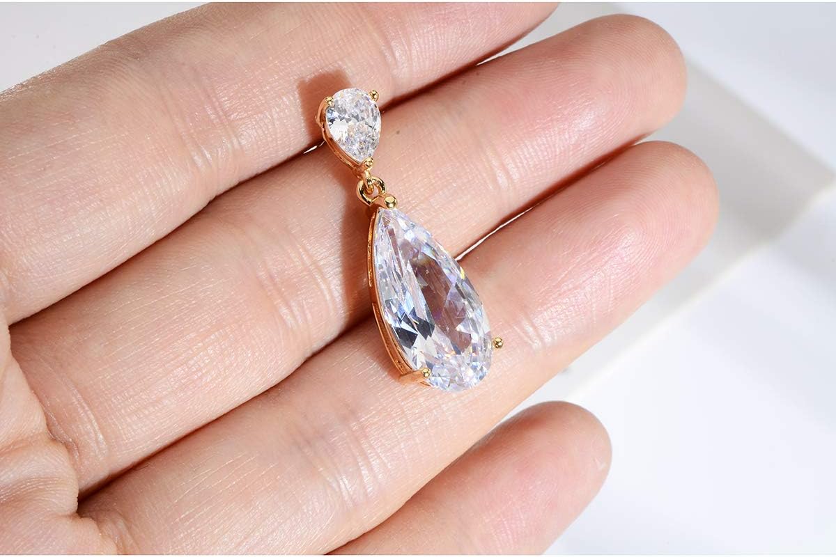 Wedding Jewelry Set for Bridesmaids - Sterling Silver Teardrop CZ Crystal Cubic Zirconia Rhinestone Diamond Bridal Necklace Earrings Set for Bride Mother of Bride Party Prom Birthstone Costume Jewelry