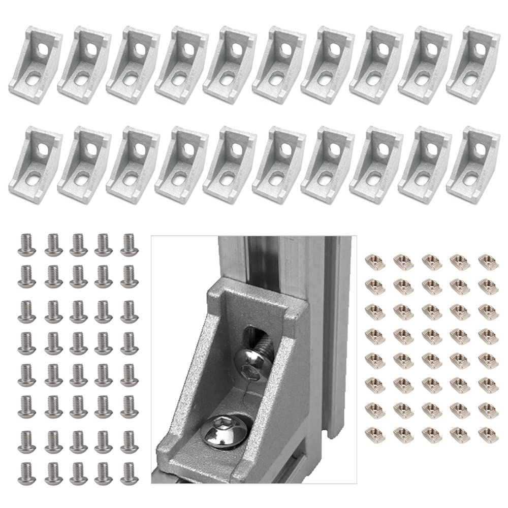 Yeebyee Right Angle Corner Bracket Gusset 2 Hole with M5 Screws and T-Nuts,28mm x 28mm for 6mm Slot 2020 Series Aluminum Extrusion Profile
