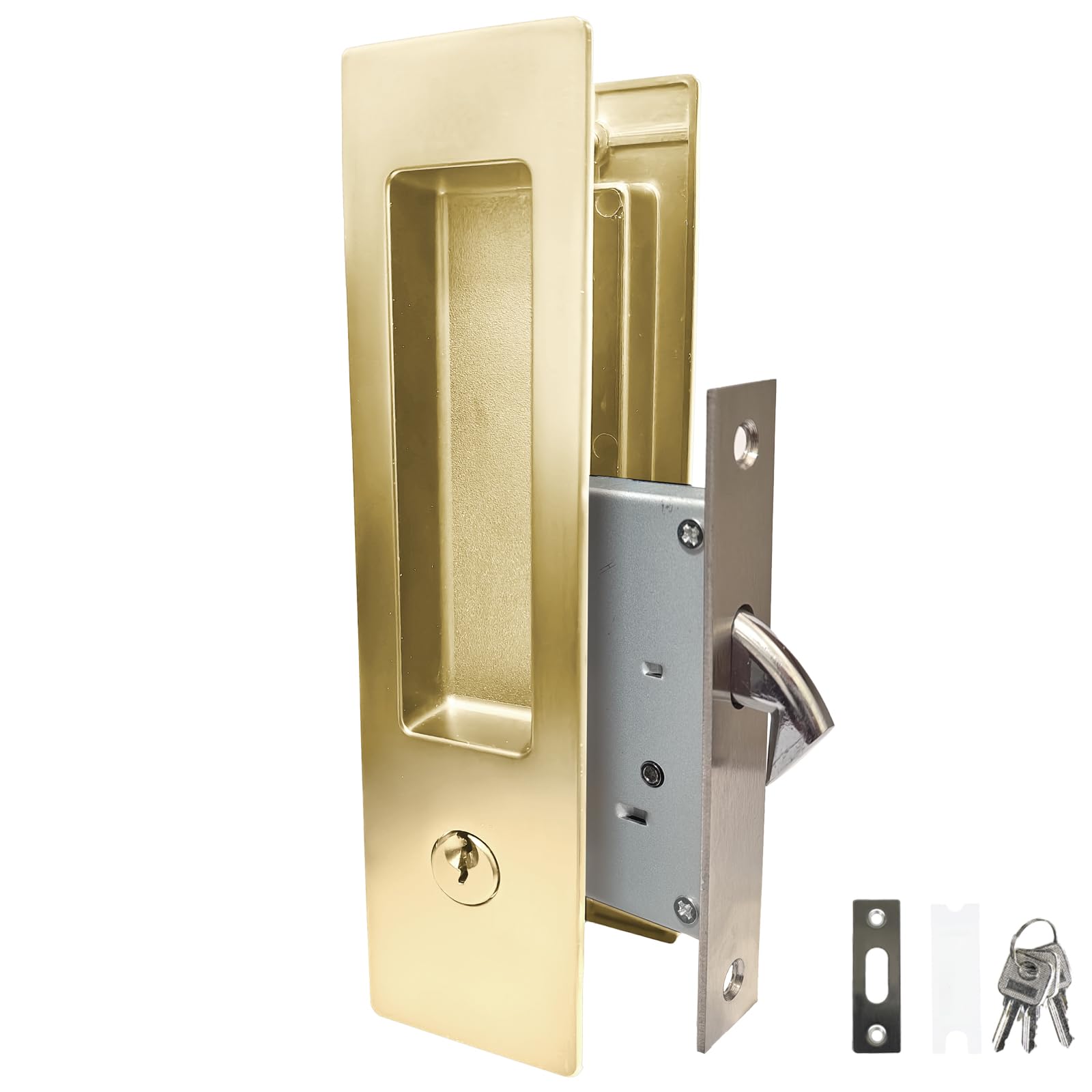 Kindoodos Pocket Door Lock with Key Privacy Pocket Door Handle Hardware with Lock for Bathroom Bedroom Invisible Rectangular Edge Pull Furniture